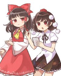 Rule 34 | 2girls, ascot, bad id, bad twitter id, black hair, black skirt, bow, detached sleeves, fingernails, hair bow, hair tubes, hakurei reimu, hand up, hat, highres, holding, long hair, multiple girls, notebook, pen, pointy ears, pom pom (clothes), red bow, red eyes, red skirt, ribbon-trimmed sleeves, ribbon trim, sasa kichi, shameimaru aya, shirt, simple background, skirt, sweatdrop, tokin hat, touhou, wavy mouth, white background, white shirt, wide sleeves, yellow ascot