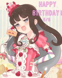 Rule 34 | 1girl, :d, birthday cake, blue eyes, blush, brown hair, cake, cake hat, cake slice, candle, commentary, cowboy shot, dress, elbow gloves, fang, food, food-themed clothes, fork, fruit, gloves, hand on own hip, hand up, happy birthday, highres, holding, holding fork, hyakumangoku masurao, kurosu aroma, long hair, looking at viewer, open mouth, pink dress, pretty series, pripara, puffy short sleeves, puffy sleeves, short sleeves, smile, solo, standing, strawberry, strawberry shortcake, symbol-only commentary, white gloves