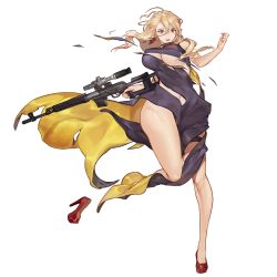 Rule 34 | 1girl, amy razor, bare arms, bare legs, blonde hair, breasts, clothes between thighs, covered erect nipples, defeat, dress, earrings, full body, game cg, groin, gun, handgun, high heels, highres, jewelry, large breasts, last origin, lipstick, long dress, long hair, looking at viewer, makeup, nail polish, navel, official art, purple eyes, red nails, rifle, rorobomb, shoes, side slit, single shoe, solo, tachi-e, thighs, torn clothes, transparent background, turtleneck, turtleneck dress, weapon, wide hips