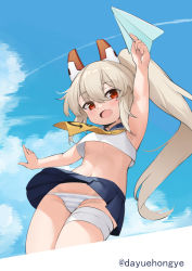 Rule 34 | 1girl, :d, absurdres, aged down, anchor symbol, arm up, armpits, ayanami (azur lane), azur lane, bandaged leg, bandages, blue skirt, blue sky, breasts, cloud, cloudy sky, commentary request, from below, grey hair, groin, hair between eyes, headgear, highres, holding, long hair, looking at viewer, looking down, navel, ootsuki momiji, open mouth, panties, paper airplane, pleated skirt, ponytail, red eyes, school uniform, serafuku, sidelocks, skirt, sky, sleeveless, smile, solo, stomach, striped clothes, striped panties, thighlet, twitter username, underboob, underwear, upshirt, upskirt