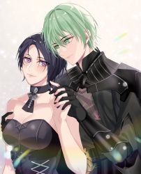 Rule 34 | 1boy, 1girl, absurdres, armor, bare shoulders, black armor, black choker, black dress, black gloves, black hair, bodice, breasts, byleth (fire emblem), byleth (male) (fire emblem), choker, cleavage, closed mouth, commission, couple, dress, enlightened byleth (male), fire emblem, fire emblem: three houses, gauntlets, gloves, graxiakaz, green eyes, green hair, hetero, highres, holding hands, looking at another, medium breasts, mixed-language commentary, nintendo, purple eyes, shamir nevrand, short hair, smile, strapless, strapless dress, upper body