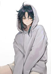 Rule 34 | 1boy, aamoooon e, alternate costume, black hair, blue hair, closed mouth, commentary, english commentary, facial mark, forehead mark, genshin impact, grey hoodie, hair between eyes, highres, hood, hood up, hoodie, long sleeves, male focus, multicolored hair, orange eyes, simple background, solo, white background, xiao (genshin impact)