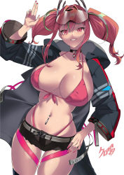 Rule 34 | 1girl, arm up, azur lane, belt, bikini, black choker, black shorts, blue jacket, blue thighhighs, blush, breasts, bremerton (azur lane), choker, cleavage, collarbone, commentary request, cowboy shot, cutoffs, eyebrows hidden by hair, eyewear on head, front-tie bikini top, front-tie top, grey belt, grey hair, grin, groin, hair between eyes, hair intakes, hair ornament, hand on own hip, highleg, highleg bikini, highres, hood, hood down, hooded jacket, jacket, kurozawa yui, large breasts, lifebuoy ornament, long hair, long sleeves, looking at viewer, multicolored hair, nail polish, navel, navel piercing, no mole, no shirt, open clothes, open jacket, partial commentary, piercing, pink bikini, pink eyes, pink hair, pink nails, red-tinted eyewear, short shorts, shorts, sidelocks, signature, simple background, skindentation, smile, solo, standing, stomach, streaked hair, sunglasses, swimsuit, teeth, thigh strap, thighhighs, tinted eyewear, twintails, two-tone hair, white background