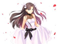 Rule 34 | 1girl, black hair, bow, breasts, dress, fate/stay night, fate (series), green eyes, highres, holding clothes, holding dress, long hair, official art, petals, ribbon, smile, solo, takeuchi takashi, tohsaka rin, twintails, two side up, white background