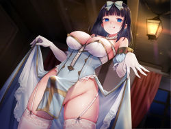 Rule 34 | 1girl, :q, asmr, between breasts, black hair, blue dress, blue eyes, blunt bangs, blush, bow, breasts, bulge, cleavage, closed mouth, clothes lift, cross print, curtains, detached collar, dress, dress lift, dutch angle, elbow gloves, erection, erection under clothes, futanari, garter straps, gloves, hair bow, hanging lantern, highres, indoors, kai (ootamuno12), lace, lace-trimmed legwear, lace trim, large breasts, looking at viewer, looking down, original, pelvic curtain, smile, solo, thighhighs, tongue, tongue out, two-tone dress, white bow, white dress, white gloves, white thighhighs, window, wooden ceiling
