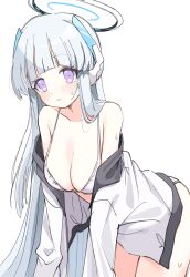 Rule 34 | 1girl, blue archive, blunt bangs, blush, bra, breasts, cowboy shot, halo, headphones, highres, jacket, large breasts, leaning forward, long hair, looking at viewer, noa (blue archive), parted lips, purple eyes, sentouryoku 5, simple background, sketch, solo, sweat, underwear, white background, white bra, white hair, white jacket