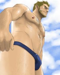 Rule 34 | 1boy, artist request, bara, blonde hair, blue male swimwear, blue swim briefs, bulge, character request, copyright request, cowboy shot, erection, erection under clothes, facial hair, hairy legs, male focus, male swimwear, nipples, outdoors, sky, solo, source request, swim briefs, swimsuit, tagme