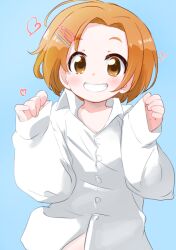 Rule 34 | 1girl, ahoge, ajoea, blue background, blush, borrowed character, commentary request, forehead, grin, hair ornament, hairpin, heart, idolmaster, idolmaster cinderella girls, long sleeves, looking at viewer, open collar, orange hair, oversized clothes, oversized shirt, ryuzaki kaoru, shirt, short hair, simple background, sleeves past wrists, smile, solo, upper body, white shirt