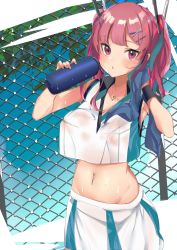 Rule 34 | 1girl, :o, armpits, azur lane, bad id, bad pixiv id, bare shoulders, blue hair, blue sky, blue towel, blush, bottle, breasts, bremerton (azur lane), bremerton (scorching-hot training) (azur lane), chain-link fence, cleavage, collared shirt, commentary request, cowboy shot, crop top, crop top overhang, ear piercing, fence, green skirt, groin, hair ornament, hairclip, hand up, heart, heart necklace, highres, holding, holding bottle, holding towel, jewelry, kaeru yuu, large breasts, long hair, looking at viewer, midriff, mole, mole under eye, multicolored hair, navel, navel piercing, necklace, piercing, pink eyes, pink hair, see-through, shirt, sidelocks, skirt, sky, sleeveless, sleeveless shirt, solo, sportswear, standing, streaked hair, sweat, tennis uniform, towel, tree, twintails, two-tone hair, two-tone shirt, two-tone skirt, water bottle, water drop, wet, wet clothes, wet shirt, white shirt, white skirt, wristband, x hair ornament