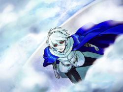 Rule 34 | 1boy, albino, cape, cloud, gloves, headset, looking up, male focus, red eyes, soldier blue, solo, toward the terra, white hair