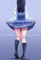 Rule 34 | 1girl, ass peek, back bow, black hair, black socks, blue background, blue bow, blue dress, bow, brown footwear, commentary request, dated, dress, dress shirt, from behind, full body, gradient background, heel up, highres, kneehighs, kneepits, legs, loafers, long hair, long sleeves, medium skirt, monai-chan (nii manabu), nii manabu, original, partial commentary, pinafore dress, pleated dress, school uniform, shadow, shirt, shoe soles, shoes, signature, simple background, single stripe, skirt, skirt hold, sleeveless, sleeveless dress, socks, solo, standing, thigh gap, white shirt