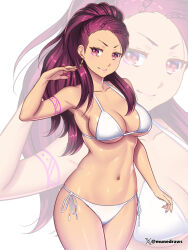 Rule 34 | 1girl, alternate costume, arm tattoo, bare arms, bare shoulders, bikini, breasts, cleavage, commentary, cowboy shot, etchimune, facial mark, fire emblem, fire emblem: three houses, large breasts, long hair, looking at viewer, navel, nintendo, petra macneary, pink lips, ponytail, purple eyes, purple hair, side-tie bikini bottom, sideboob, smile, standing, stomach, swimsuit, tattoo, thighs, underboob, very long hair, white background, white bikini, zoom layer