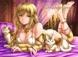 Rule 34 | 1girl, anklet, bad id, bad pixiv id, barefoot, bed, blonde hair, breasts, bridal gauntlets, candle, candlestand, cat, cleavage, crossed arms, curtains, earrings, feet, jewelry, large breasts, legs up, lioreo, lips, long hair, lying, necklace, on stomach, original, pillow, purple eyes, smile, soles, solo, the pose