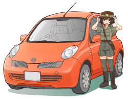 Rule 34 | 1girl, :d, adjusting clothes, adjusting headwear, akiyama yukari, bag, belt, black footwear, boots, brown belt, brown eyes, brown hair, brown headwear, brown shirt, car, collared shirt, commentary, commentary request, girls und panzer, grey shorts, grey thighhighs, koala, koala forest military uniform, logo, long hair, looking at viewer, messy hair, motor vehicle, nissan, nissan march, nissan micra, open mouth, revision, ribbed legwear, sam browne belt, satchel, shirt, short hair, short sleeves, shorts, simple background, slouch hat, smile, standing, thighhighs, uona telepin, vehicle focus, white background