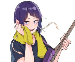 Rule 34 | 1girl, audio jack, black shirt, blue eyes, blush, boku no hero academia, breasts, commentary request, guitar, highres, holding, holding instrument, instrument, jirou kyouka, kobaji, looking at viewer, open mouth, purple hair, shirt, short hair, short sleeves, simple background, smile, solo, white background