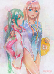 Rule 34 | 2girls, against wall, blue eyes, competition swimsuit, goggles, goggles around neck, gradient background, green hair, hatsune miku, jacket, kickboard, leaning, long hair, mayo riyo, megurine luka, multiple girls, one-piece swimsuit, pink hair, standing, swimsuit, twintails, vocaloid, wall, whistle