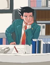 Rule 34 | 1boy, 23011620x, ace attorney, black eyes, black hair, blue jacket, book, bookshelf, bored, chair, closed mouth, collared shirt, corded phone, highres, indoors, jacket, long sleeves, looking to the side, male focus, necktie, office chair, on chair, paper, pen, phoenix wright, phone, red necktie, shirt, short hair, solo, spiked hair, swivel chair, upper body, white shirt