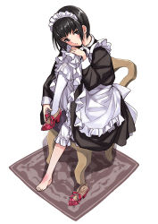 Rule 34 | 1girl, apron, barefoot, black hair, blush, brown eyes, chair, feet on chair, frills, full body, hand on own knee, looking at viewer, maid, maid apron, maid headdress, matsuryuu, parted lips, shirley (manga), shirley medison, shoes, unworn shoes, short hair, simple background, single shoe, sitting, skirt, solo, white background