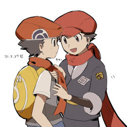 Rule 34 | 2boys, :d, adjusting neckwear, backpack, bag, closed mouth, commentary request, creatures (company), dated, game freak, grey jacket, grey pants, hat, highres, jacket, lucas (pokemon), male focus, multiple boys, nintendo, open mouth, pants, petoke, pokemon, pokemon dppt, pokemon legends: arceus, rei (pokemon), scarf, short hair, short sleeves, simple background, smile, time paradox, undershirt, white background, yellow bag, zipper pull tab