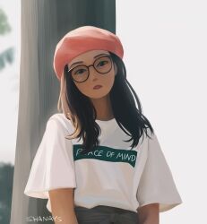 Rule 34 | 1girl, absurdres, artist name, beret, black eyes, black hair, commentary request, english text, glasses, hat, head tilt, highres, kotobuki minako, long hair, looking at viewer, parted lips, pink hat, real life, shanays, shirt, short sleeves, solo, upper body, voice actor, white shirt