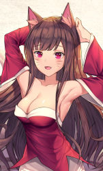 Rule 34 | 1girl, :d, ahri (league of legends), animal ears, armpits, arms up, bad id, bad pixiv id, bare shoulders, breasts, brown hair, dduck kong, facial mark, fox ears, league of legends, long hair, looking at viewer, medium breasts, open mouth, pink eyes, smile, solo, standing, very long hair, whisker markings