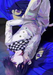 Rule 34 | 1boy, absurdres, black hair, buttons, character print, checkered clothes, checkered scarf, danganronpa (series), danganronpa v3: killing harmony, double-breasted, grey jacket, grey pants, hair between eyes, highres, jacket, long sleeves, lying, male focus, oma kokichi, on back, pants, purple eyes, rin go kko, scarf, short hair, smile, solo