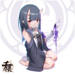 Rule 34 | 1girl, black hair, chromatic aberration, closed mouth, detached sleeves, gloves, hand up, highres, horns, index finger raised, kuro kosyou, long hair, looking at viewer, magic, oni, original, purple eyes, ribbon-trimmed sleeves, ribbon trim, sidelocks, signature, sitting, skin-covered horns, smile, solo, string tie, thick eyebrows, two-tone background, wariza, white background, white gloves, wide sleeves