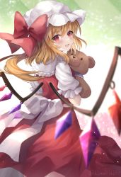 Rule 34 | 1girl, blonde hair, blush, collared shirt, crystal, flandre scarlet, frilled shirt collar, frilled skirt, frills, fujimori shiki, hat, hat ribbon, highres, holding, holding stuffed toy, long hair, looking at viewer, looking back, mob cap, open mouth, red eyes, red skirt, red vest, ribbon, shirt, side ponytail, skirt, skirt set, smile, stuffed animal, stuffed toy, touhou, vest, white headwear, wings