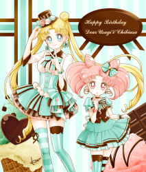 Rule 34 | 2girls, alternate costume, asymmetrical legwear, bishoujo senshi sailor moon, blonde hair, blue eyes, bow, bowtie, brown hat, candy, character name, chibi usa, chocolate, chocolate heart, choker, closed mouth, cone hair bun, cropped legs, double bun, dress, earrings, flower, food, frills, green bow, green dress, green legwear, hair bow, hair bun, happy birthday, hat, heart, height difference, ice cream, jewelry, long hair, looking at viewer, macaron, mismatched legwear, multiple girls, pink flower, pink hair, pink rose, red eyes, rose, sarashina kau, short hair, signature, skirt hold, smile, standing, star (symbol), star earrings, striped bow, striped clothes, striped legwear, striped thighhighs, thighhighs, top hat, tsukino usagi, twintails, v, vertical-striped clothes, vertical-striped legwear, vertical-striped thighhighs, vest