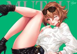 Rule 34 | 1girl, anchor, artist name, black footwear, blush, boots, breasts, brown hair, character name, eyewear on head, finger to mouth, from side, gloves, green background, green eyes, grin, hair between eyes, heart, high heel boots, high heels, kantai collection, large breasts, leg up, lips, long sleeves, looking at viewer, lying, mutsu (kancolle), on back, one eye closed, ribbed sweater, sakiyamama, short hair, smile, solo, sunglasses, sweater, thighhighs, white sweater