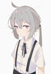 Rule 34 | 1girl, ahoge, alternate costume, black ribbon, buttons, closed mouth, collared shirt, dress shirt, flat chest, girls&#039; frontline, hair between eyes, highres, looking at viewer, low ponytail, m200 (girls&#039; frontline), nauwa, purple eyes, ribbon, shirt, short sleeves, sidelocks, silver hair, solo, suspenders, upper body, white shirt