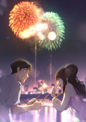 Rule 34 | 1boy, 1girl, absurdres, bl547381, blurry, blurry background, breasts, brown eyes, brown hair, collared shirt, dress, fireworks, from side, grey shirt, hair behind ear, highres, holding, holding fireworks, leaning forward, long hair, looking at another, open mouth, original, outdoors, parted lips, pink dress, shirt, skyline, sleeveless, sleeveless dress, small breasts, smile, sparkler