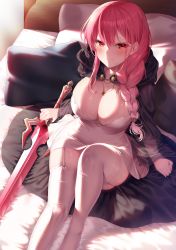 Rule 34 | 1girl, absurdres, bed, bed sheet, black cape, blush, braid, breasts, cape, cleavage, closed mouth, dress, garter straps, gem, gradient hair, highres, holding, holding sword, holding weapon, ia (ias1010), jewelry, large breasts, long sleeves, multicolored hair, necklace, on bed, original, pillow, pink hair, red eyes, red gemstone, red hair, ring, sitting, smile, solo, sword, thighhighs, weapon, white dress, white thighhighs