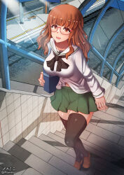 Rule 34 | 1girl, black thighhighs, blush, breasts, brown hair, covered erect nipples, girls und panzer, glasses, highres, large breasts, long hair, looking at viewer, megadeko, navel, ooarai school uniform, open mouth, orange eyes, outdoors, school uniform, smile, solo, stairs, takebe saori, thighhighs