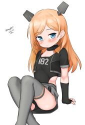 Rule 34 | 1girl, absurdres, aged down, black gloves, black jacket, black one-piece swimsuit, blue eyes, dated, feet out of frame, fingerless gloves, flat chest, gloves, grey skirt, grey thighhighs, headgear, highres, jacket, kantai collection, long hair, maru (marg0613), one-hour drawing challenge, one-piece swimsuit, orange hair, salmon (kancolle), short sleeves, simple background, skirt, solo, swimsuit, thighhighs, twitter username, white background