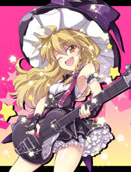 Rule 34 | 1girl, ;d, adapted costume, arm belt, arm cuffs, armpits, bare shoulders, black gloves, blonde hair, bloomers, blush, bow, braid, buttons, dress, electric guitar, fang, fingerless gloves, fingernails, frills, gloves, guitar, hat, instrument, kirisame marisa, large hat, long hair, music, nail polish, one eye closed, open mouth, pink background, pink nails, playing instrument, plectrum, purple bow, short dress, single braid, smile, solo, star (symbol), starry background, strap, touhou, touya (the-moon), underwear, wink, witch hat, yellow eyes