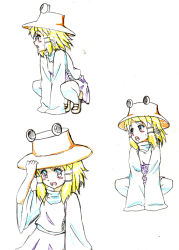 Rule 34 | 1girl, blonde hair, blush, character sheet, color trace, female focus, h-new, hand on headwear, hat, loafers, long sleeves, moriya suwako, production art, shoes, short hair, sketch, sleeves past wrists, smile, squatting, touhou, traditional media, wide sleeves