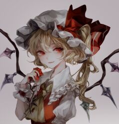 Rule 34 | 1girl, ascot, blonde hair, crystal, flandre scarlet, grey background, hanaya (fleur), hat, hat ribbon, highres, mob cap, one side up, puffy sleeves, red eyes, red vest, ribbon, short sleeves, solo, touhou, upper body, vest, wings, wrist cuffs, yellow ascot
