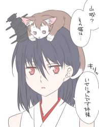 Rule 34 | 10s, 1girl, animal, animal on head, bad id, bad pixiv id, bare shoulders, black hair, cat, cat on head, hair ornament, kantai collection, long hair, on head, open mouth, red eyes, simple background, solo, translation request, udon (shiratama), upper body, yamashiro (kancolle)
