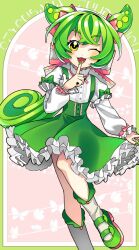 Rule 34 | 1girl, :3, animal ears, bow, buttons, collar, collared dress, dress, finger to mouth, frilled collar, frilled dress, frilled sleeves, frills, green bow, green footwear, green hair, green nails, green suspenders, hair between eyes, hair bow, hair ribbon, highres, long hair, long sleeves, low ponytail, one eye closed, open mouth, pink bow, pink ribbon, pita5ling, puffy long sleeves, puffy sleeves, ribbon, skirt, socks, solo, suspender skirt, suspenders, voicevox, white dress, white socks, white trim, yellow eyes, zundamon