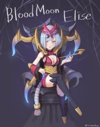 Rule 34 | 1girl, alternate costume, alternate hairstyle, arthropod girl, bad id, bad pixiv id, bare shoulders, blood moon elise, blue eyes, blue hair, breasts, chair, character name, cleavage, crossed legs, dress, elise (league of legends), english text, eyelashes, eyeshadow, fingernails, hair ornament, hanato (seonoaiko), holding, holding smoking pipe, insect girl, kiseru, kneehighs, large breasts, league of legends, lips, lipstick, long fingernails, looking at viewer, makeup, matching hair/eyes, monster girl, parted lips, rope, sharp fingernails, short hair, silk, sitting, smoking pipe, socks, solo, spider girl, spider web, throne, twitter username