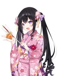 Rule 34 | 1girl, :d, absurdres, arrow (projectile), bell, black hair, blush, commentary request, egasumi, ema, floral print, hair between eyes, hamaya, hanayashiki momoyaka, highres, holding, holding arrow, japanese clothes, jingle bell, kimono, long hair, long sleeves, obi, official art, open mouth, philharmonic princesses, pink kimono, print kimono, purple eyes, ringlets, sash, simple background, smile, solo, tatejima uri, twintails, very long hair, virtual youtuber, white background, wide sleeves