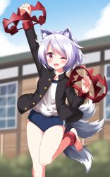 Rule 34 | 1girl, alternate costume, animal ears, ankle cuffs, barefoot, bear trap, black shirt, blue buruma, blush, buruma, buttons, cheering, clenched hands, commentary request, dog ears, dog girl, dog tail, extra tails, gakuran, grey hair, gym shirt, gym uniform, highres, mitsugashira enoko, multicolored hair, multiple tails, one eye closed, open clothes, open mouth, open shirt, ouendan, outdoors, purple eyes, purple hair, ruu (tksymkw), school uniform, shirt, solo, tail, toes, touhou, two-tone hair, white hair, white shirt