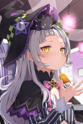 Rule 34 | 1girl, animal, animal on head, black capelet, black hat, black shirt, blush, bow, bowtie, capelet, cat, cat on head, closed mouth, commentary request, food, frilled hat, frills, hat, highres, holding, holding food, hololive, long hair, long sleeves, looking at animal, murasaki shion, murasaki shion (1st costume), on head, pink bow, pink bowtie, shiokko (murasaki shion), shirt, short eyebrows, simple background, solo, striped clothes, striped shirt, summer tail720, sweatdrop, upper body, vertical-striped clothes, vertical-striped shirt, virtual youtuber, witch hat, yellow eyes