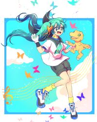 Rule 34 | 1girl, agumon, bug, butterfly, cloud, digimon, green eyes, hatsune miku, highres, insect, sky, smile, vocaloid