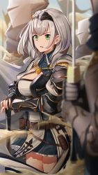 Rule 34 | 1girl, belt, black hairband, blue skirt, breasts, brown belt, cleavage cutout, clothing cutout, eyebrows hidden by hair, green eyes, hair behind ear, hairband, highres, holding, holding sword, holding weapon, hololive, hololive fantasy, knight, large breasts, looking ahead, open mouth, shirogane noel, shirogane noel (1st costume), short hair, silver hair, skirt, solo focus, sword, v-shaped eyebrows, virtual youtuber, weapon, yuuzuki (re&#039;ef)