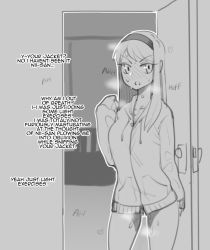 Rule 34 | 1girl, blush, body heat, bottomless, breathing, cowboy shot, door, english text, facing viewer, female pervert, full-face blush, greyscale, hairband, heart, heavy breathing, hood, hood down, hooded jacket, hoodie, indoors, jacket, kagetsu tooya, liar, lies, long hair, long sleeves, looking at viewer, melty blood, minkye, moaning, monochrome, monochrome background, open mouth, outline, pervert, pussy juice, pussy juice trail, solo, standing, sweat, sweatdrop, talking, tohno akiha, tsukihime, type-moon, white outline