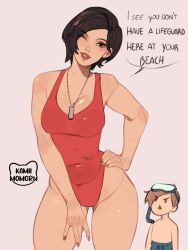 Rule 34 | 1girl, ada wong, artist name, bent over, black eyes, black hair, breasts, brown eyes, brown hair, cleavage, commentary, contrapposto, english commentary, english text, goggles, goggles on head, highleg, highleg swimsuit, highres, i&#039;m not at the beach this is a bathtub (meme), kamii momoru, large breasts, leon s. kennedy, male focus, male swimwear, medium hair, meme, one-piece swimsuit, one eye closed, red nails, red one-piece swimsuit, resident evil, snorkel, solo, swim trunks, swimsuit, thighs, whistle, whistle around neck