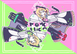 Rule 34 | 2girls, animal ear headphones, animal ears, aqua necktie, arm up, black coat, black footwear, black skirt, black thighhighs, blonde hair, blue archive, blush, boots, border, bow, cat ear headphones, cat tail, character name, closed mouth, coat, coat partially removed, collared shirt, commentary request, dot mouth, fake animal ears, fake tail, fang, green background, green bow, green coat, green eyes, hair bow, halo, headphones, highres, hori00, lace, lace-trimmed coat, lace-trimmed skirt, lace trim, looking at viewer, medium hair, midori (blue archive), momoi (blue archive), multicolored coat, multiple girls, multiple hair bows, necktie, open clothes, open coat, outline, outside border, pink background, pink coat, pink eyes, pink footwear, pleated skirt, pom pom (clothes), red bow, rotational symmetry, shirt, siblings, sisters, skirt, sleeves past fingers, sleeves past wrists, smile, star (symbol), suspenders, tail, tareme, thighhighs, two-tone background, v-shaped eyebrows, white outline, white shirt