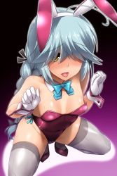 Rule 34 | 1girl, alternate costume, animal ears, aqua bow, aqua bowtie, bow, bowtie, braid, breasts, brown eyes, detached collar, fake animal ears, full body, gloves, gradient background, grey hair, grey thighhighs, hair over one eye, hamanami (kancolle), highres, kantai collection, leotard, long hair, playboy bunny, purple background, purple footwear, purple leotard, rabbit ears, single braid, small breasts, solo, squatting, strapless, strapless leotard, thighhighs, tongue, tongue out, white gloves, wrist cuffs, yoshi tama